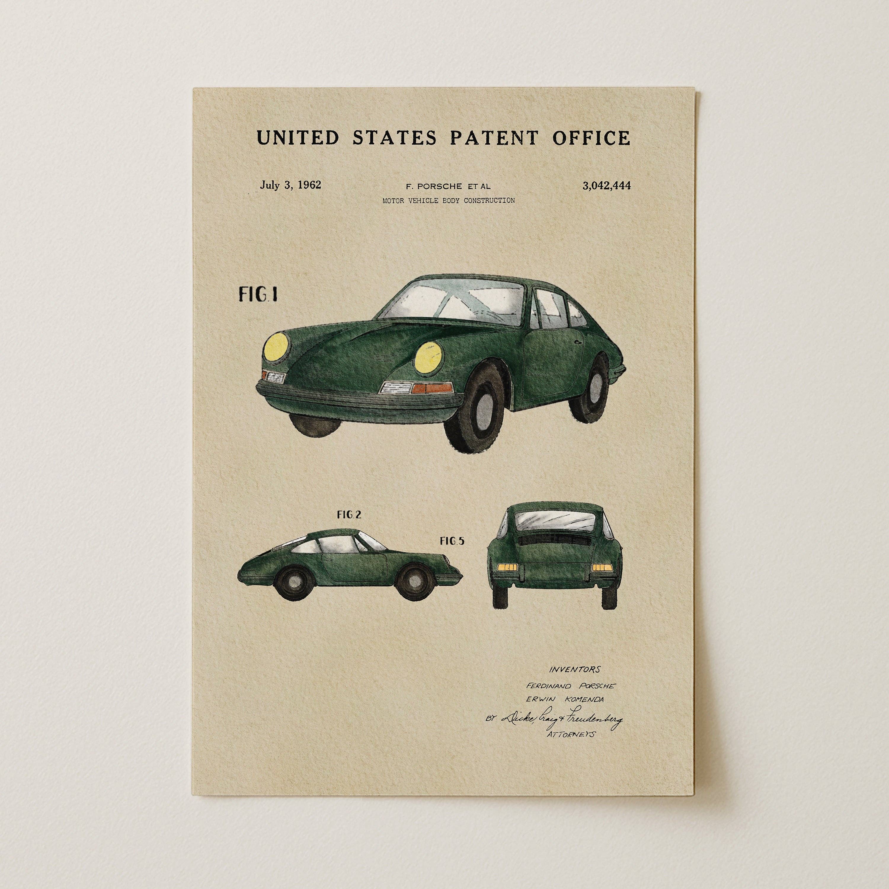 Porsche 911 Patent with Walnut Frame 8" x 10"