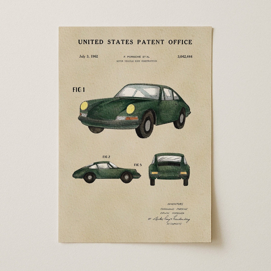 Porsche 911 Patent with Walnut Frame 8" x 10"