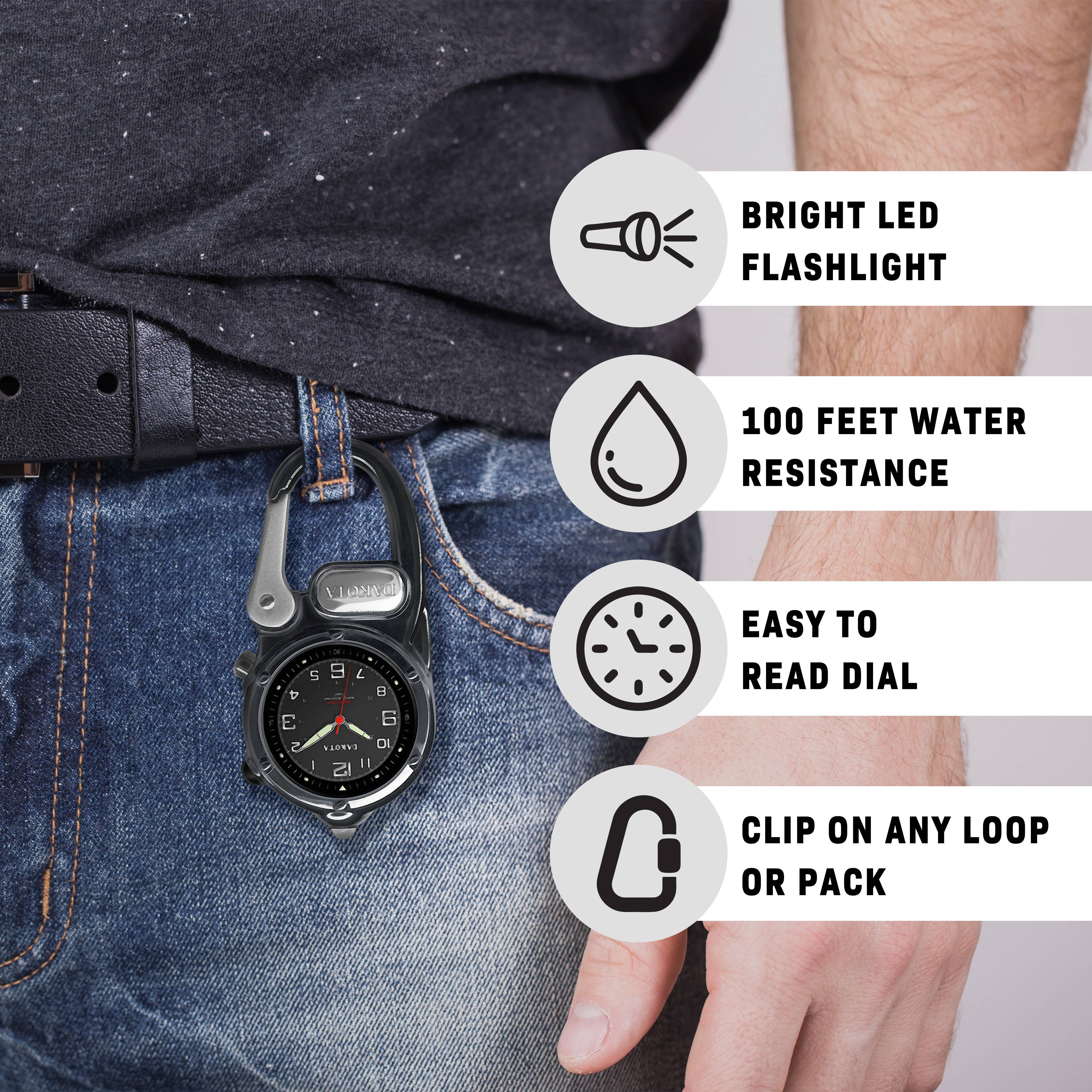 Dakota Mini Clip Watch with LED Flashlight, Tactical, Outdoor