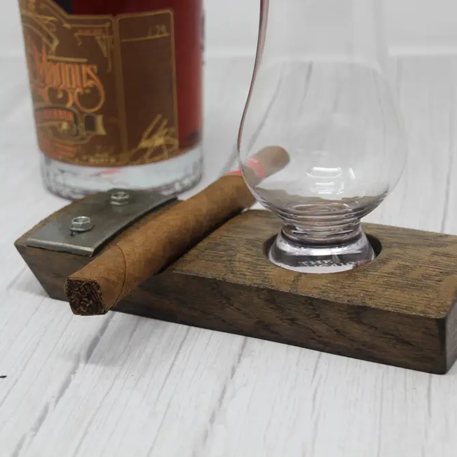 Whiskey Stave Coaster with Cigar Holder and Glencairn Glass
